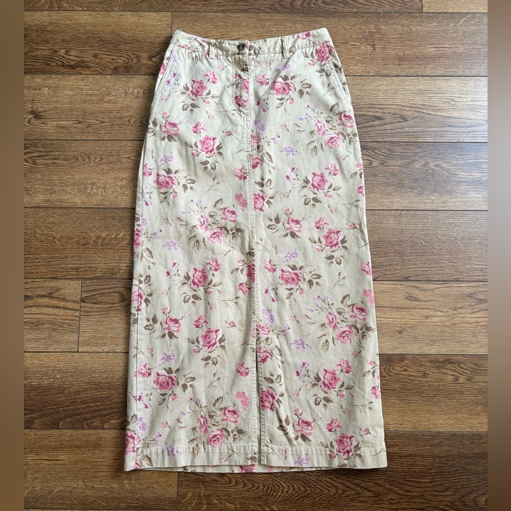 Vintage Eddie Bauer 90s Cottagecore Floral/ Rose Denim Maxi Skirt Size 4